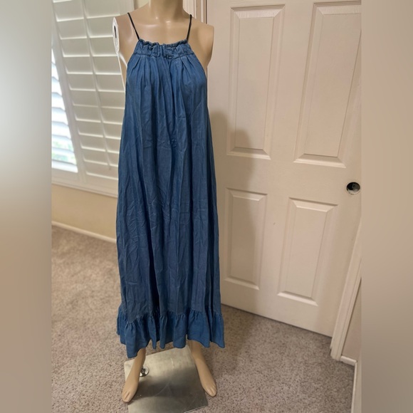 Meo Meli Italy blue Chambray Adjustable Halter‎ Neck Loose Fit Sun Dress Maxi M - Picture 1 of 11